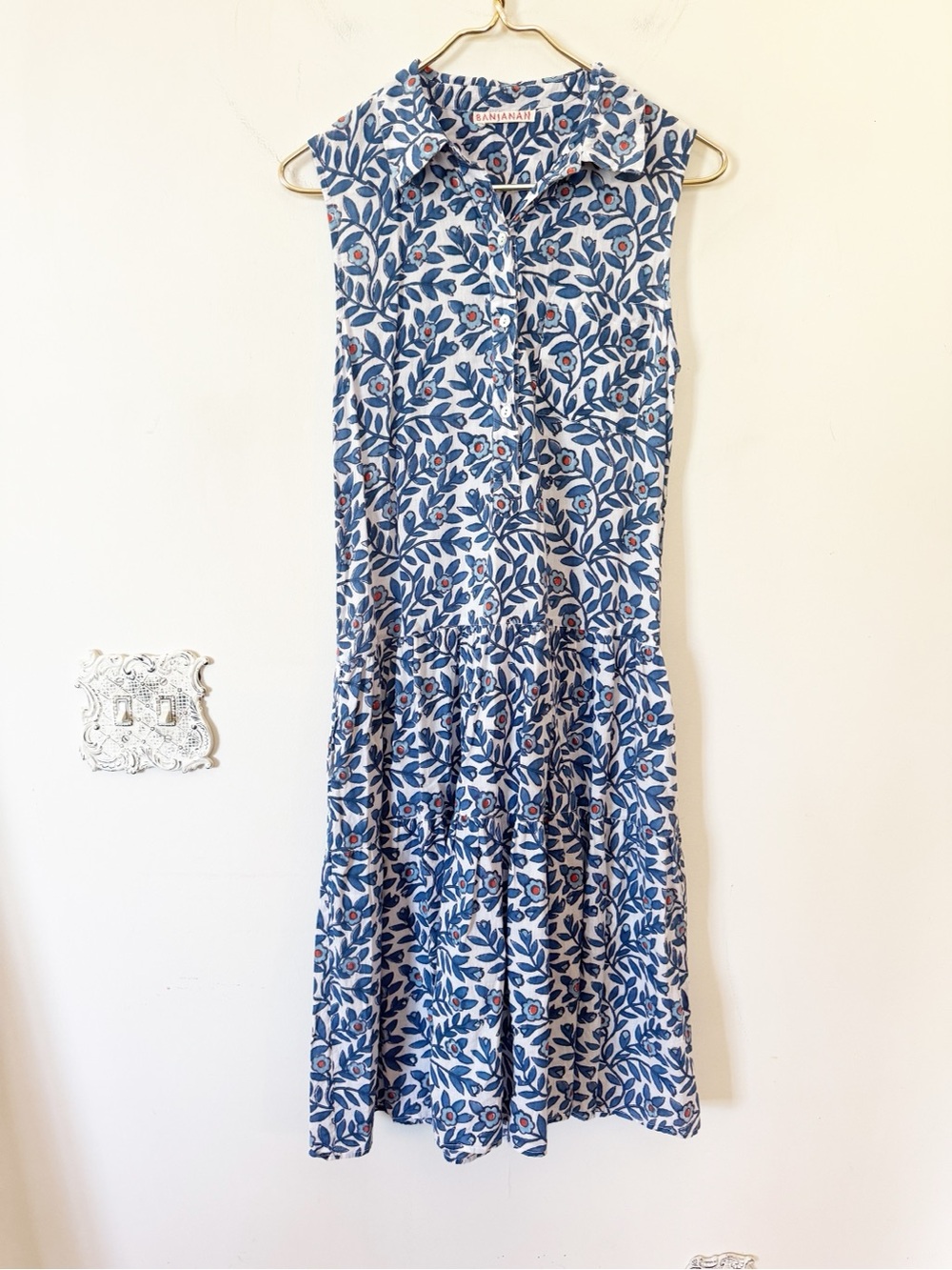 Banjana Blue Floral Sleeveless Midi Shirt Dress Drop Ruffle Waist Pockets
